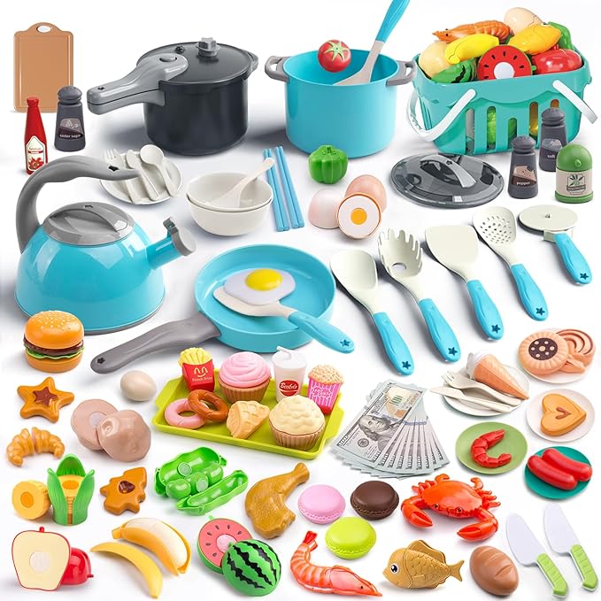 130Pcs Kitchen Playset, Toddler Pretend Cooking Play Pots, Pans, Utensils Cookware, Daily Food Fruit Veges, Shopping Storage Basket, Dessert, Prop Money, Learning Gift for Child (Turquoise)
