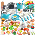 130Pcs Kitchen Playset, Toddler Pretend Cooking Play Pots, Pans, Utensils Cookware, Daily Food Fruit Veges, Shopping Storage Basket, Dessert, Prop Money, Learning Gift for Child (Turquoise)