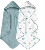 Yoofoss Hooded Baby Towels for Newborn 2 Pack 100% Muslin Organic Cotton Baby Bath Towel with Hood for Babies, Infant, Toddler and Kids, 32x32Inch, Soft and Absorbent Newborn Essential,Blue Elephant