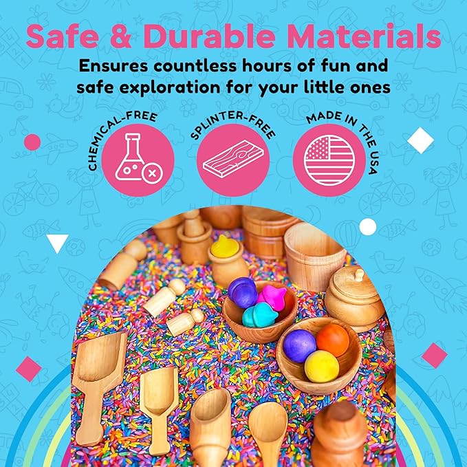 Wooden Tool Set for Sensory Bin (30 Piece), Child-Sized Montessori Sensory Toys for Developing Fine Motor Skills, Smooth Wooden Toys, Bin Scoops and Tools