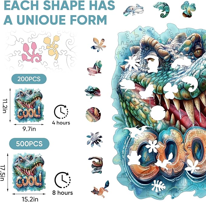 Wooden Puzzles for Adults, Cool Crocodile Jigsaw Puzzles 200 Pieces Animal Unique Shaped Wood Cut Puzzle Gifts for Adults and Kids, Family Puzzle Games