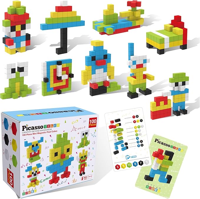 PicassoTiles 100pcs 0.5” Pixel Magnetic Puzzle Cube Mix & Match Cubes Sensory Toys STEAM Education Learning Building Block Magnets Children Construction Toy Set Stacking Magnet Creative Kit PMC100