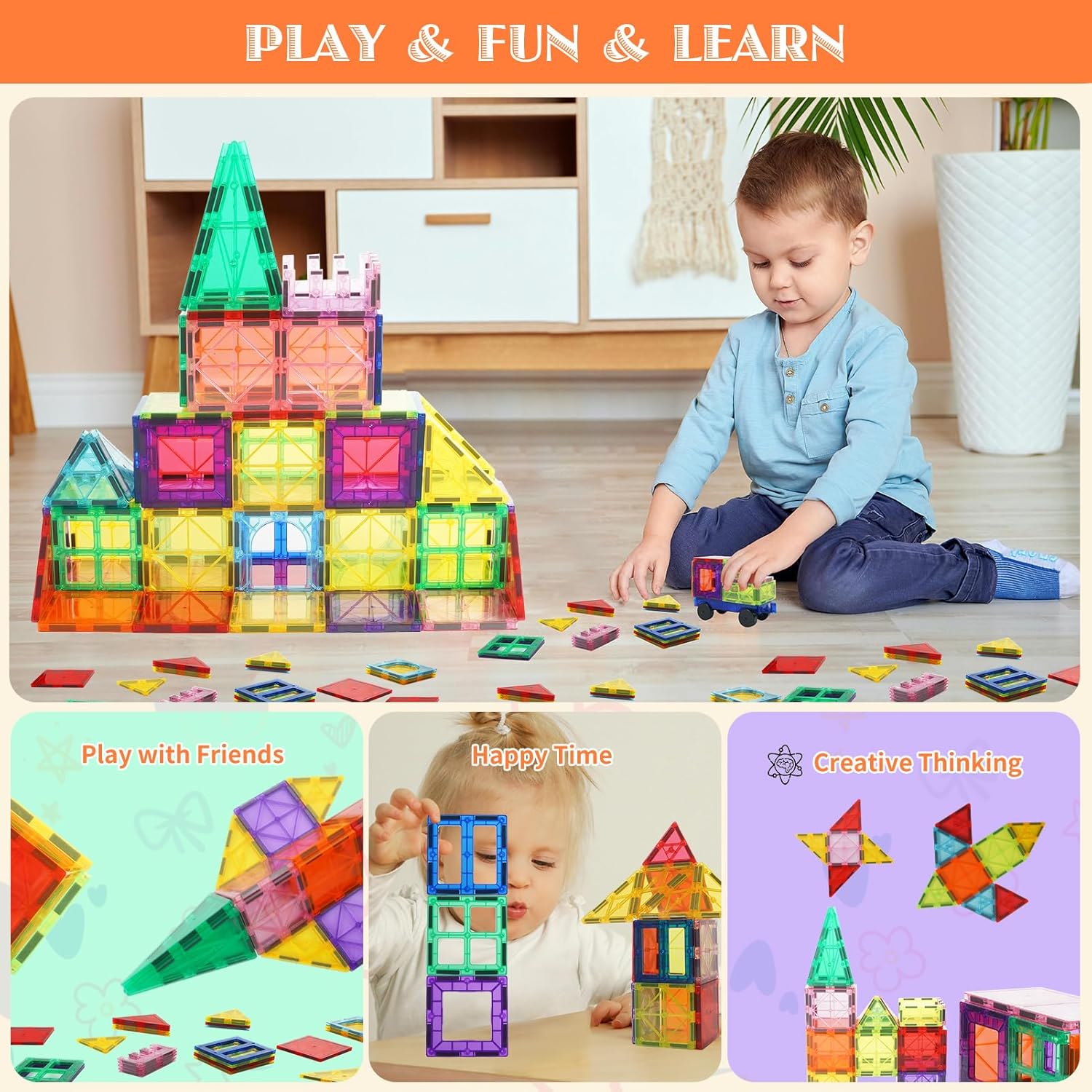 Cutedeer 108 Piece Magnetic Tiles, Magnet Building Blocks Set for Kids Toddlers, STEM Construction Toys with Gift Box for All Ages Boys Girls