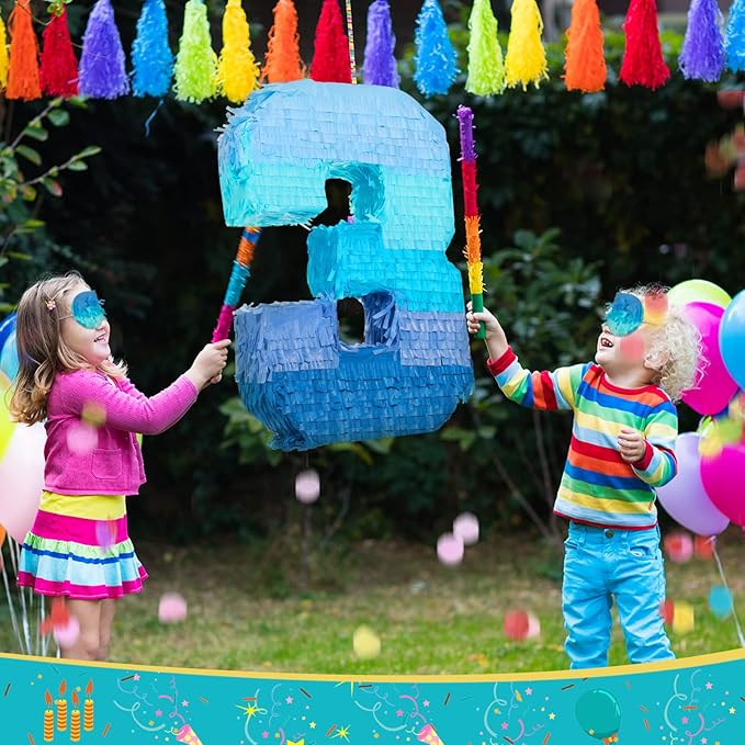 Sratte Number 1 2 3 4 5 6 7 8 9 Piñata with Stick Blindfold Confetti, Gradient Blue Piñata for Kids Boys Girls Birthday Party Anniversary Decorations Supplies(Number 3)