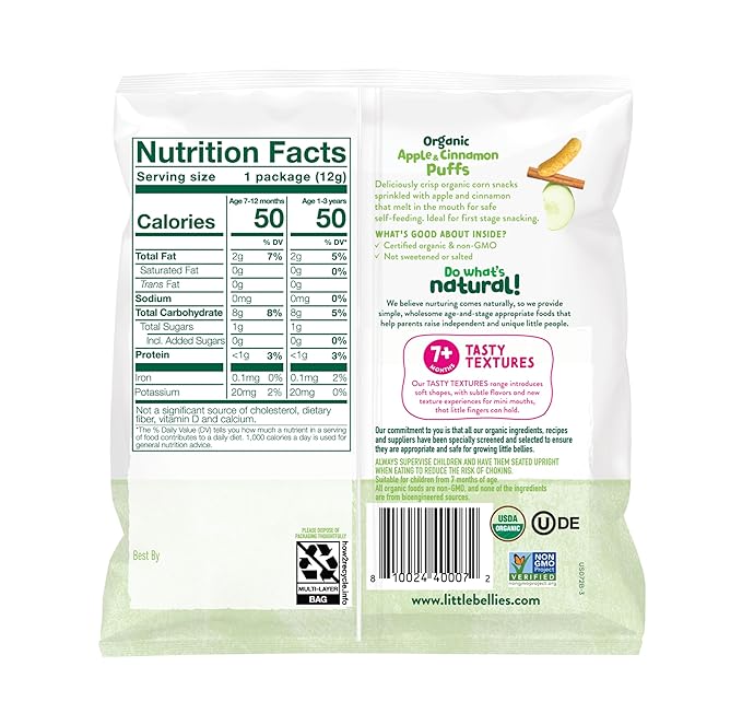 Little Bellies Organic Puffs Variety Pack, Blueberry & Apple and Cinnamon (Pack of 18)