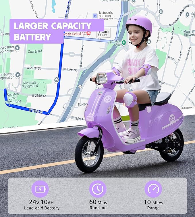 Kids Motorcycle, 2 Wheel Electric Motorcycle for Girls Ages 8-14, 24V Ride on Toys with Music, Story, Headlight, 3 Speed Options, Up to 60min Ride Time, for Riders up to 143 lbs, Easy Assemble, Purple