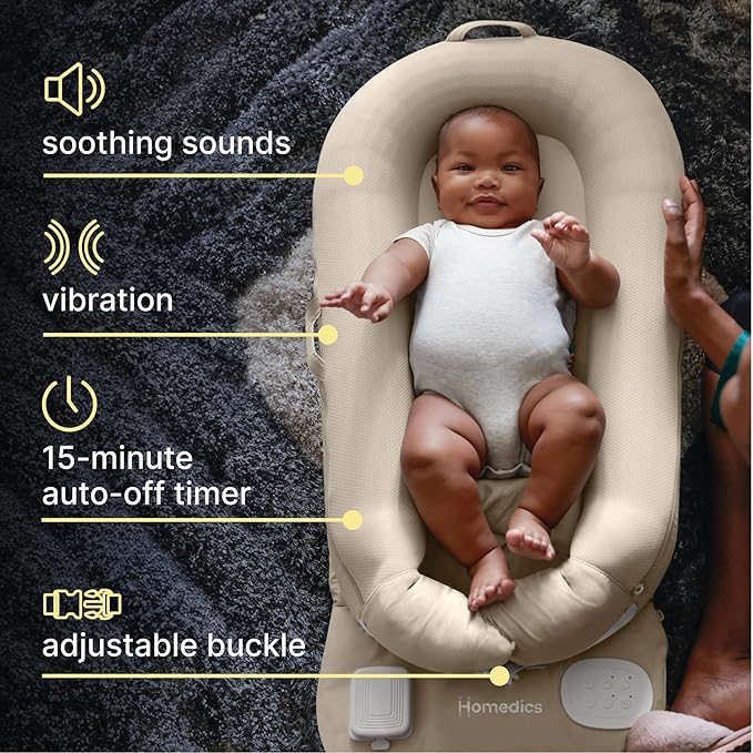 MyBaby 3-in-1 Calming Baby Cushion, Soothing Comfort for Newborns & Infants, Snuggling Sensation, Sound and Vibration, Designed for Safety, Rechargeable & Machine-Washable, by Homedics, Tan