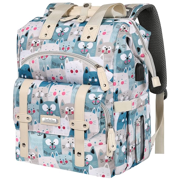 Jiefeike Diaper Bag Backpack,Baby Bags for Mom Dad Girls Boys,15.6inch Cat Dog Travel Baby Diaper Bags with Insulated Pockets,USB Charging Port,RFID Anti-Theft Water-Resistant Pocket
