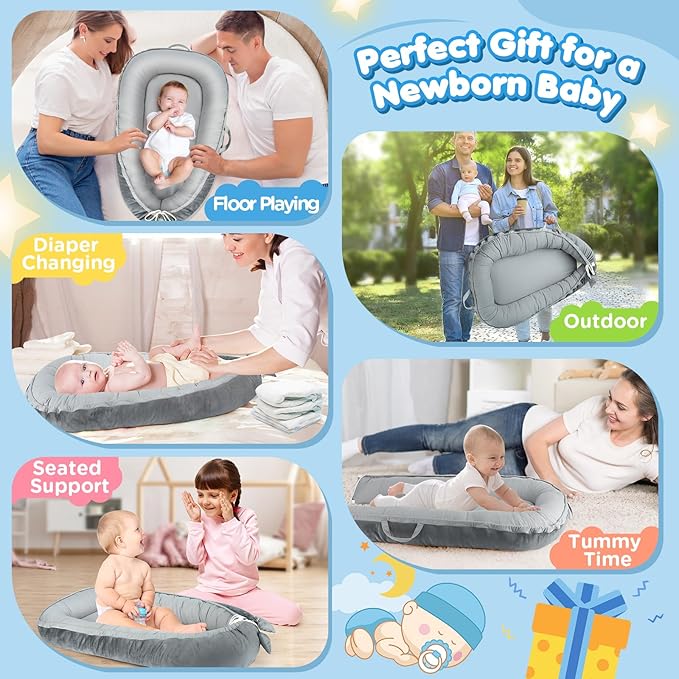 Baby Lounger - Baby Lounger for Newborn 0-24 Months, Breathable & Soft Cotton and Velvet Cover Baby Nest, Portable Tummy Time Lounger for Home and Travel, Ideal Baby Essentials & Shower Gifts