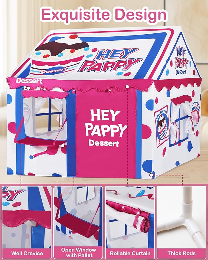 Kids Play Tent, Toddler Tent for Kid Indoor & Outdoor, 48.5"x39.4"x48.5" Playhouse Tent Dessert Theme with Complete Toys Set, 3 Window, Lights and 5 Balloons