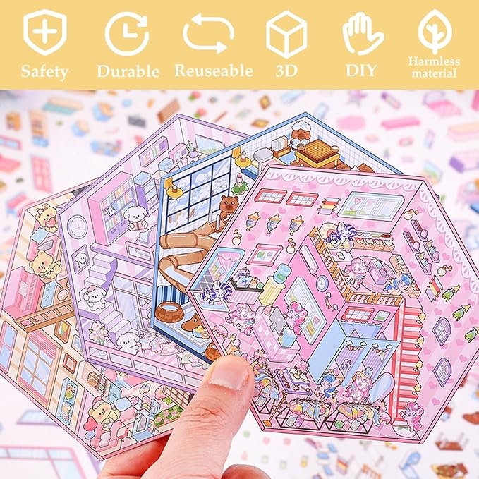 DIY 3D Sticker Scene, 6 Sets of Aesthetic Stickers for Girls Make Your Own Mini Shop Scenes Stickers for Kids Sticker Therapy for Adult Relief Stress Pass The Time