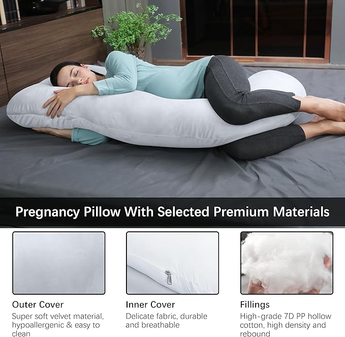 MOON PARK Pregnancy Pillows for Sleeping - U Shaped Full Body Maternity Pillow with Removable Cover - Support for Back, Legs, Belly, HIPS - 65 Inch - Light Grey