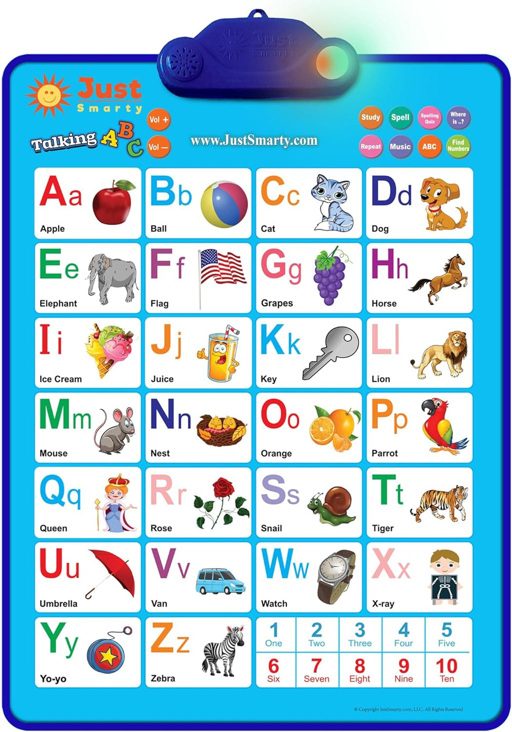 Just Smarty Interactive Alphabet Wall Chart | Talking ABCs & 123s Music Poster with Interactive Light | Toddler Alphabet Learning | Best Educational Gift for Boys & Girls Ages 2 3 4 5 | Letter Sounds