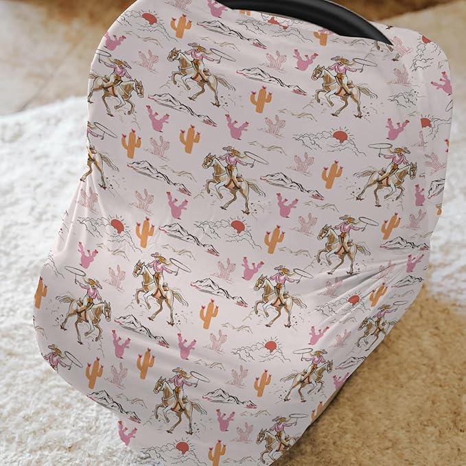 Cute Pink Cowgirl Car Seat Cover for Baby Western Cowgirls Horse Cactus Mountain Sunset Stretchy 5-in-1 Covers Adjustable Infant Carseat Canopy Cover Wild West Desert Breathable Nursing Cover-Up