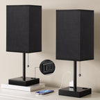 Plus Black Bedside Table Lamps Set of 2 - Bedroom Lamps with 3 Colors (3000K/5000K/4000K), Square Nightstand Lamp with USB C + A Charging Ports and 2 AC Outlets, Pull Chain Night Light for End Table