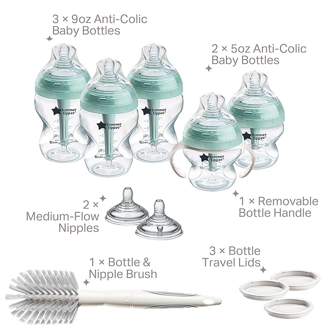 Tommee Tippee Advanced Anti-Colic 12 Piece Set, 5 oz and 9 oz BPA Free Bottles, Newborn 0+ Months, Includes Slow & Medium-Flow Breast-Like Nipples and Bottle Handles and Cleaning Brush