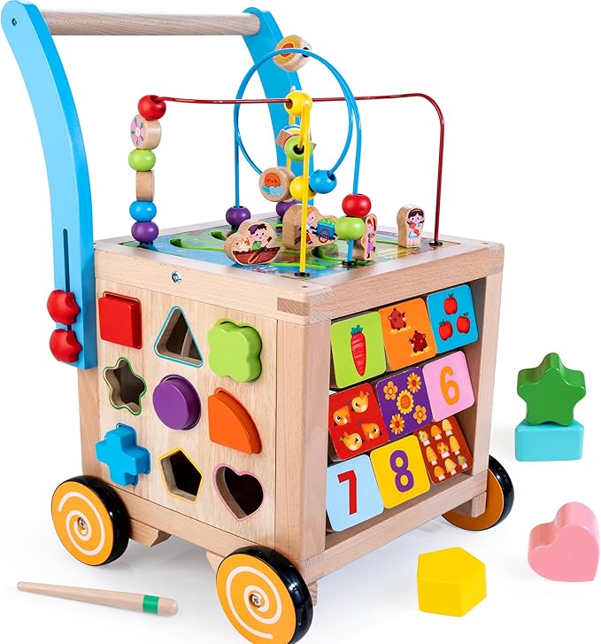Wooden Baby Walker | Baby Push Walker with 9-in-1 Activity Cube, Sit to Stand Learning Walker Toy with Wheels for Boys Girls, Montessori Activity Center Walker, Adjustable Speed & Height