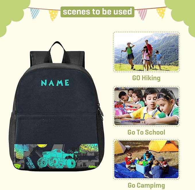 Toddler Backpack Colorful Monster Truck Waterproof Mini Backpack with Name/Text Preschool Backpack Cute Small Backpack Kindergarten Pre School Bags 11 Inch, Pattern 1