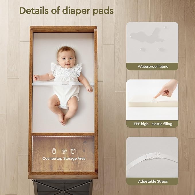 Changing Table, 6-Drawer Baby Dresser with Changing Table top,Waterproof Diaper Changing Station & Pad, 2 Height-Adjustable Open Storage Shelves, Mobile Nursery Organizer, Rustic Brown