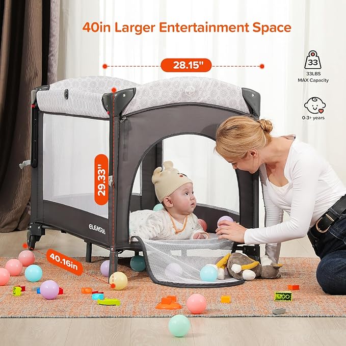 ELEMARA 4 in 1 Wide Baby Bassinet Bedside with Diaper Changer,Long Next to Bed Crib with Mattress,Sheet,Music and Blackout Cover,Playpen Travel Bed with Storage,XL Co Sleeper with 3 Adjustable Height