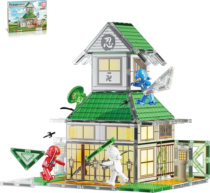 PicassoTiles Magnet Tile Building Blocks Ninja Dojo House Theme STEM Playset with 4 Character Action Figure Ninjas Weapon Accessories Magnetic Tiles Educational Toy Pretend Play Toddlers Ages 3+ PTQ07