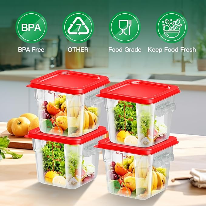 4 pcs 6qt Food Storage Containers with Lid, Square Clear Commercial Food Storage Containers with Handle and Scale for Food Storage in Home Kitchen & Dining (Red)