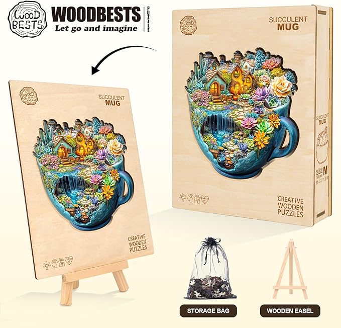 WOODBESTS Wooden Puzzles for Adults, Succulent Mug Wood Puzzles Adult(190 Pieces, M, 11.4 * 11.3in), Unique Shape Wooden Animal Jigsaw Puzzles, Birthday Gifts for Adults Family Game