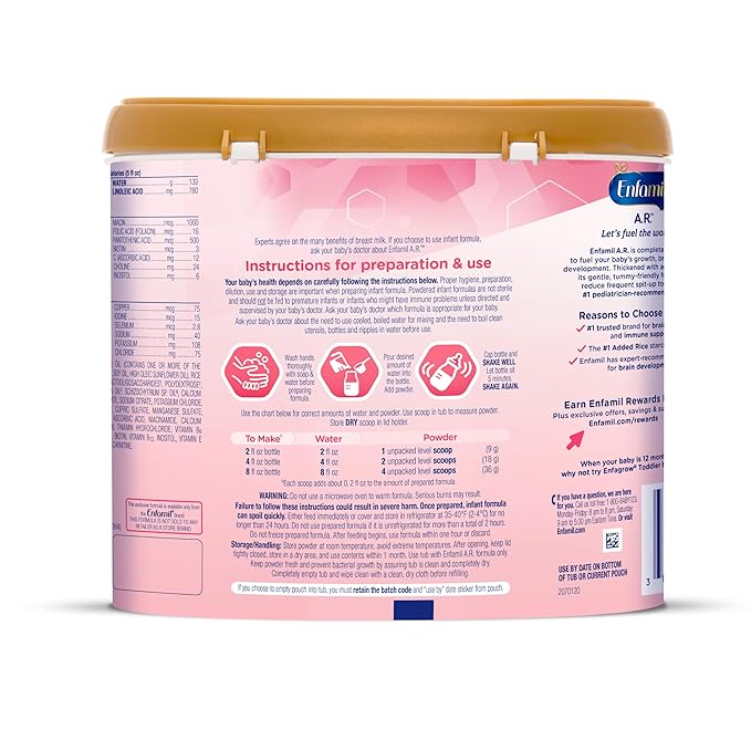 Enfamil A.R. Baby Formula, Added Rice Starch Formula to Reduce Reflux & Spit-Up, DHA for Brain Development, Probiotics to Support Digestive & Immune Health, Baby Milk, 19.5 Oz (Pack of 3)