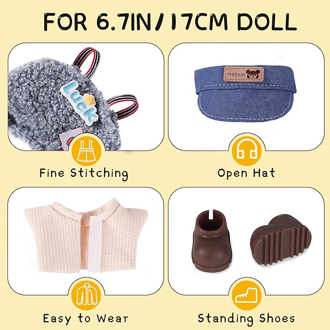 Clothes for 6.7in/17cm Doll, Set of 4 Cute Doll Accessories Includes Doll Hat+T-Shirt+Bib Pants+Shoes Set Premium Fashion Outfit for Collectors Unique Gift (Style E)