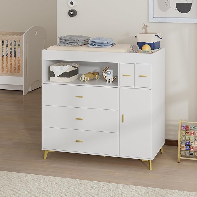 PAKASEPT Changing Table with Drawers, Changing Table Dresser with 5 Drawer & Cabinet