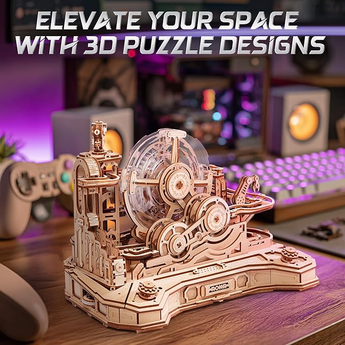 ROKR 3D Wooden Puzzles for Adults Miniature Marble Run Building Toys,DIY Pinball Machine Model Kits-Gear Ball Challenge EGC01
