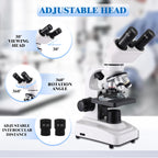 Binocular Microscope for Adults Kids Students, 64X-6000X Microscopes, 3 Objective Lens, Metal-Body Dual LED Illumination, Biological Compound Microscope Kit for School Lab, Homeschool