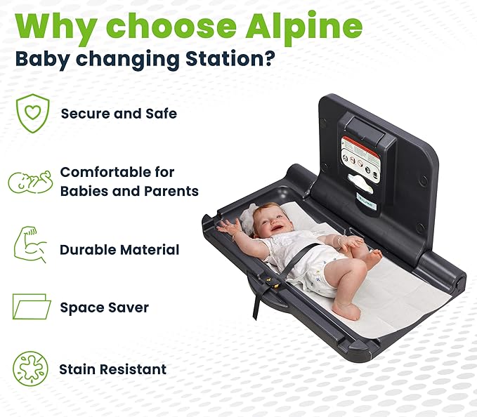 Alpine Wall Mounted Baby Changing Station 2 Pack - Horizontal Baby Changing Table Foldable Diaper Tables with Safety Strap for Commercial Bathroom, ADA Complaint (Hardware Included) Black