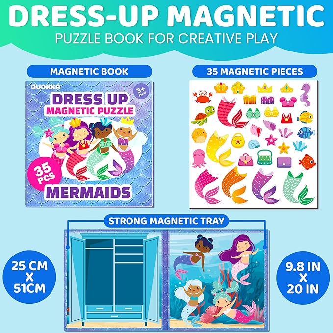 QUOKKA Magnetic Dress-Up Dolls for Girls Boys with 35 Magnetic Pieces - Creative Magnetic Play Set for Home or Travel - Perfect Magnetic Paper Dolls for Ages 3 and Up, Boost Storytelling with Mermaids