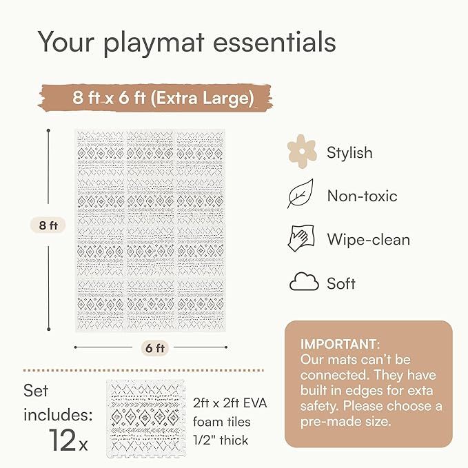 Lillefolk Baby Play Mat for Floor – 6x8ft Boho | Soft Non Toxic Premium EVA Foam Tiles for Tummy Time, Crawling & Playroom – Waterproof Interlocking Floor Mat for Babies & Toddlers (12 Tiles)