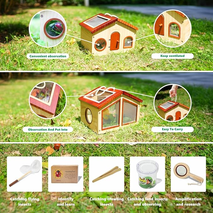 Kids Explorer Kit & Bug Catcher for Kids, Outdoor Toys with Large Portable Wooden Bug Habitat, Butterfly Net, Magnifier, Observation Cup, 15 Insect Cards for Toddler 3-8 Year Old Boy Gift