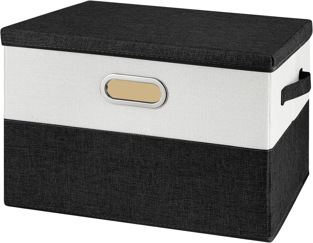 Large Linen Fabric Foldable Storage Bins with Removable Lid and Handles, Washable Storage Box Organizer Containers Baskets Cube with Cover for Bedroom,Closet,Office,Nursery(Black&White, Large)
