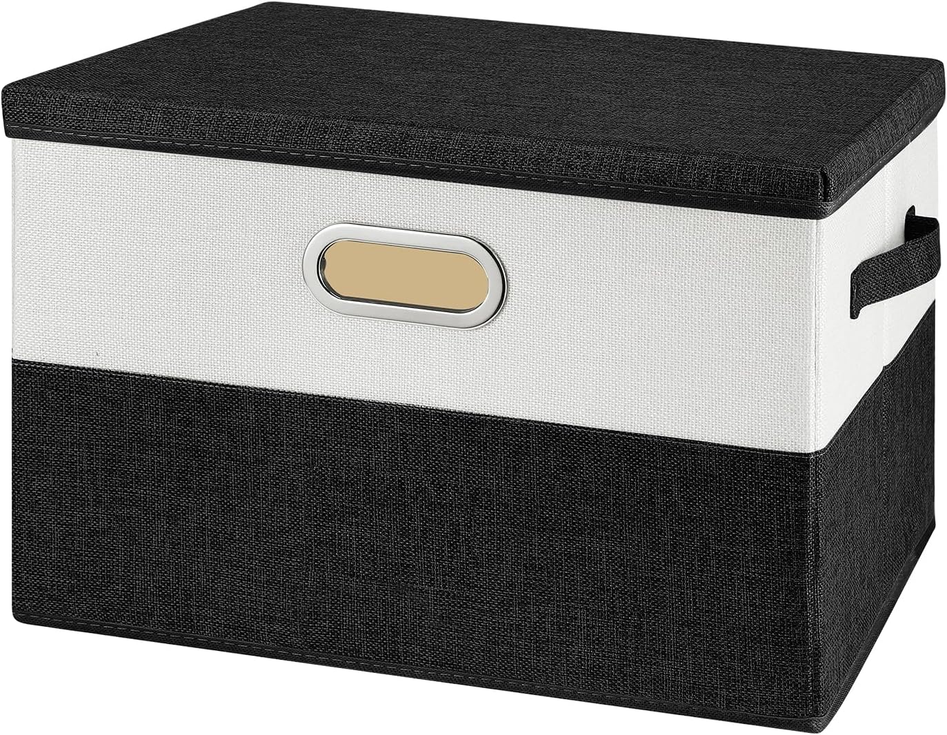 Large Linen Fabric Foldable Storage Bins with Removable Lid and Handles, Washable Storage Box Organizer Containers Baskets Cube with Cover for Bedroom,Closet,Office,Nursery(Black&White, Large)