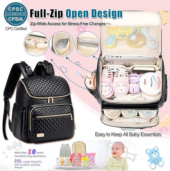 Weitars Diaper Bag Backpack Leather Baby Diaper Bag with Changing Pad Travel Diaper Backpack,Baby Bag for Mom,Stroller Straps,5 Insulated Pockets (Black Leather)