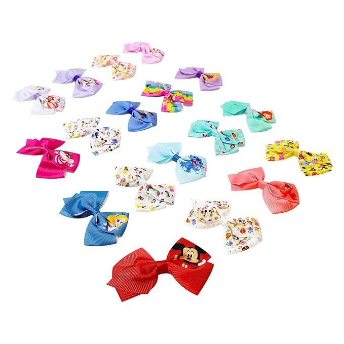 Disney 100th Anniversary Special Hair Accessory for Girls|18pc Disney Hair Bow Clips Featuring Favorite Characters with a String Bag Bow Holder with hanger. For all occasions & ages 3+