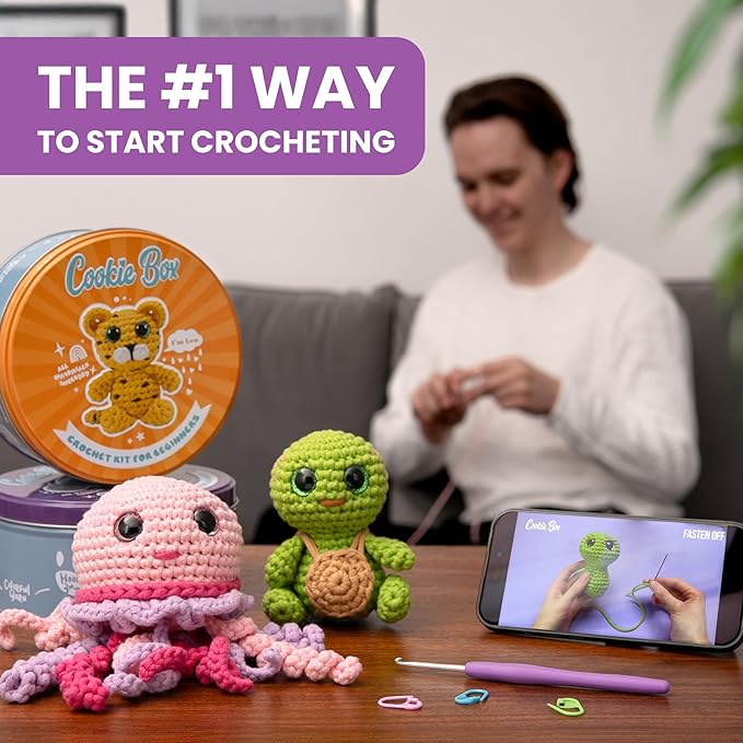 Cookie Box Crochet Kit for Beginners - Learn to Craft Amigurumi Stuffed Animals - Knitting Gift for Kids and Adults - Beginner-Friendly Yarn - Stitch-by-Stitch Video Tutorial - Turtle Hugo