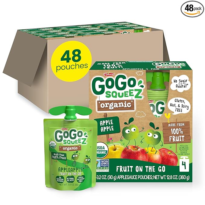 GoGo squeeZ Organic Applesauce and Fruit Puree, Apple Apple, 3.2 oz (Pack of 48), Unsweetened Organic Fruit Snacks for Kids, Gluten Free, Nut Free and Dairy Free, Recloseable Cap, BPA Free Pouches