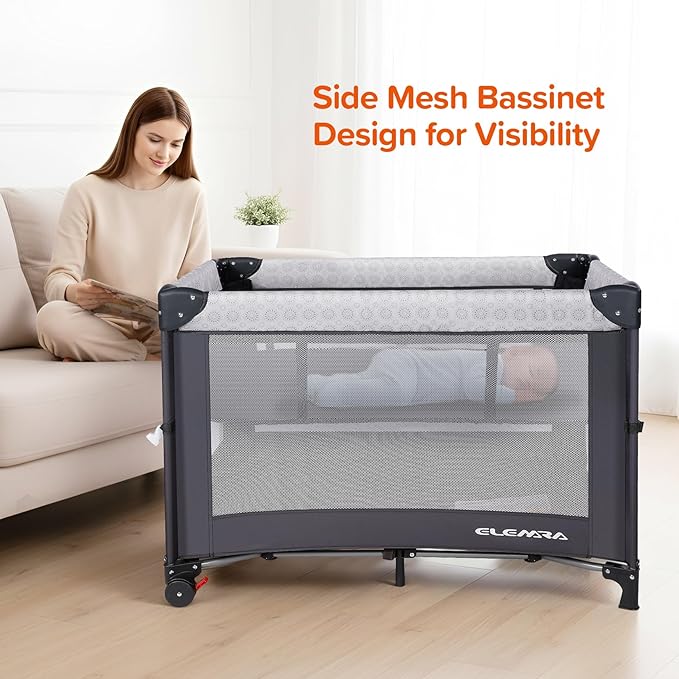 ELEMARA 3 in 1 Wide Baby Bassinet with Ajustable Side,2024 All Mesh Bedside Sleeper with Mattress,Sheet,Storage Pocket,Wheels and Trap,Playpen Travel Crib Bed with Bag