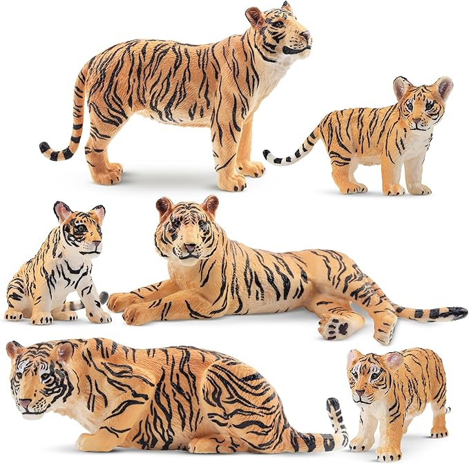 Toymany 6PCS Realistic Tigers Figurines with Tiger Cubs, 2-6" Jungle Animals Figures Family Set, Educational Toy Cake Toppers Christmas Birthday Gift for Kids Toddlers