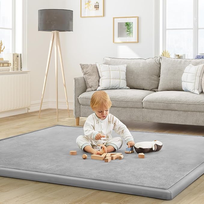 Baby Play Mat for Floor Tummy Time Mat Nursery Rug Muscle Mat Area Rug Playroom Rug Tatami Mat 6'7"x4'11" Memory Foam 1.3" Thick Crawling Mat for Babies,Toddlers, Infants, Kids(Light Gray)
