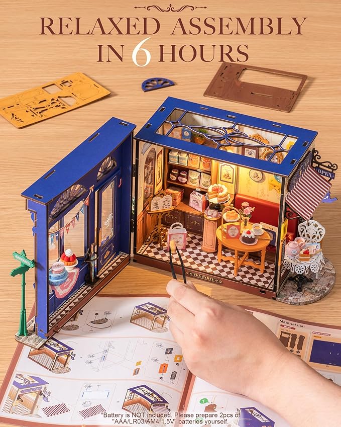 Rolife DIY Miniature House Kit Leisure Tea Time, 3D Book Nook Openable Bookshelf Decor for Adults, Mini Model House Kits, DIY Crafts Kit Halloween for Adults (Leisure Tea Time)