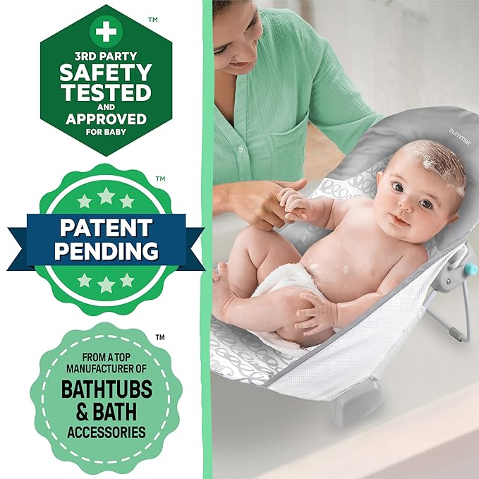 Ingenuity Foldaway 2-Position Baby Bath Seat, Adjustable Support for Sink or Bathtub, Ages 0-6 Months up to 20 Pounds, Machine-Washable Sling