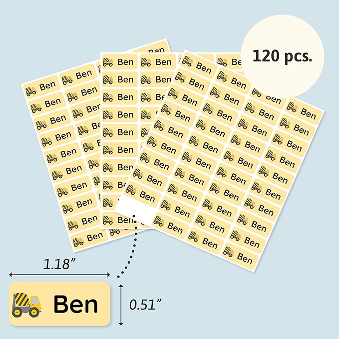 Personalized Name Labels for Kids (120) – Custom Waterproof & Durable Stickers for Clothing, Daycare, Office & School Supplies - Heavy Duty Vehicles