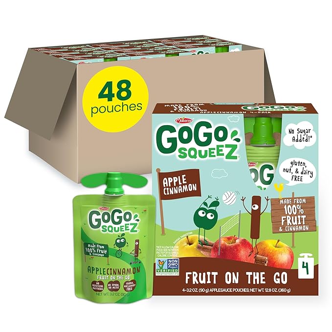GoGo squeeZ Applesauce and Fruit Puree, Apple Cinnamon, 3.2 oz (Pack of 48), Unsweetened Fruit Snacks for Kids, Gluten Free, Nut Free and Dairy Free, BPA Free Pouches (Packaging May Vary)