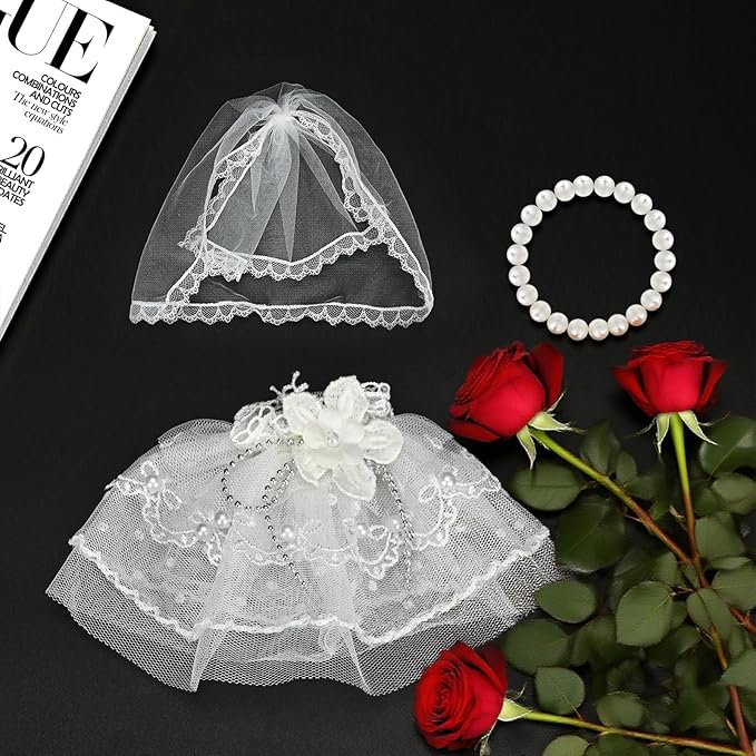 17cm Doll Clothes & Accessories Set，Luxe Bride Outfits, Handmade Veil & Simulated Pearl Necklace - for Ceremonies, Displays, Collectors & Gifts/Doll Wedding Dress/Sweet Meadow